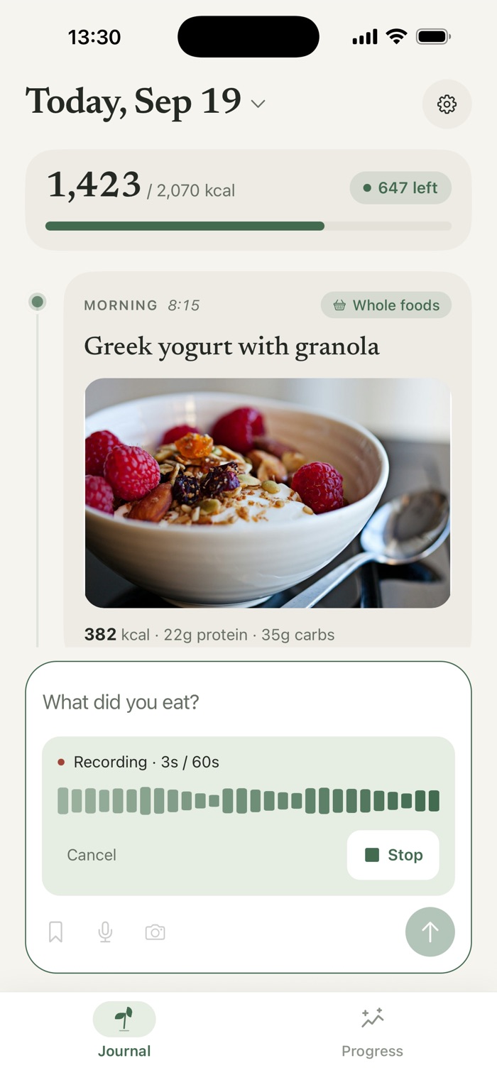 The meal composer recording a voice note, with a live waveform, a timer at 3 seconds, and a Stop button.